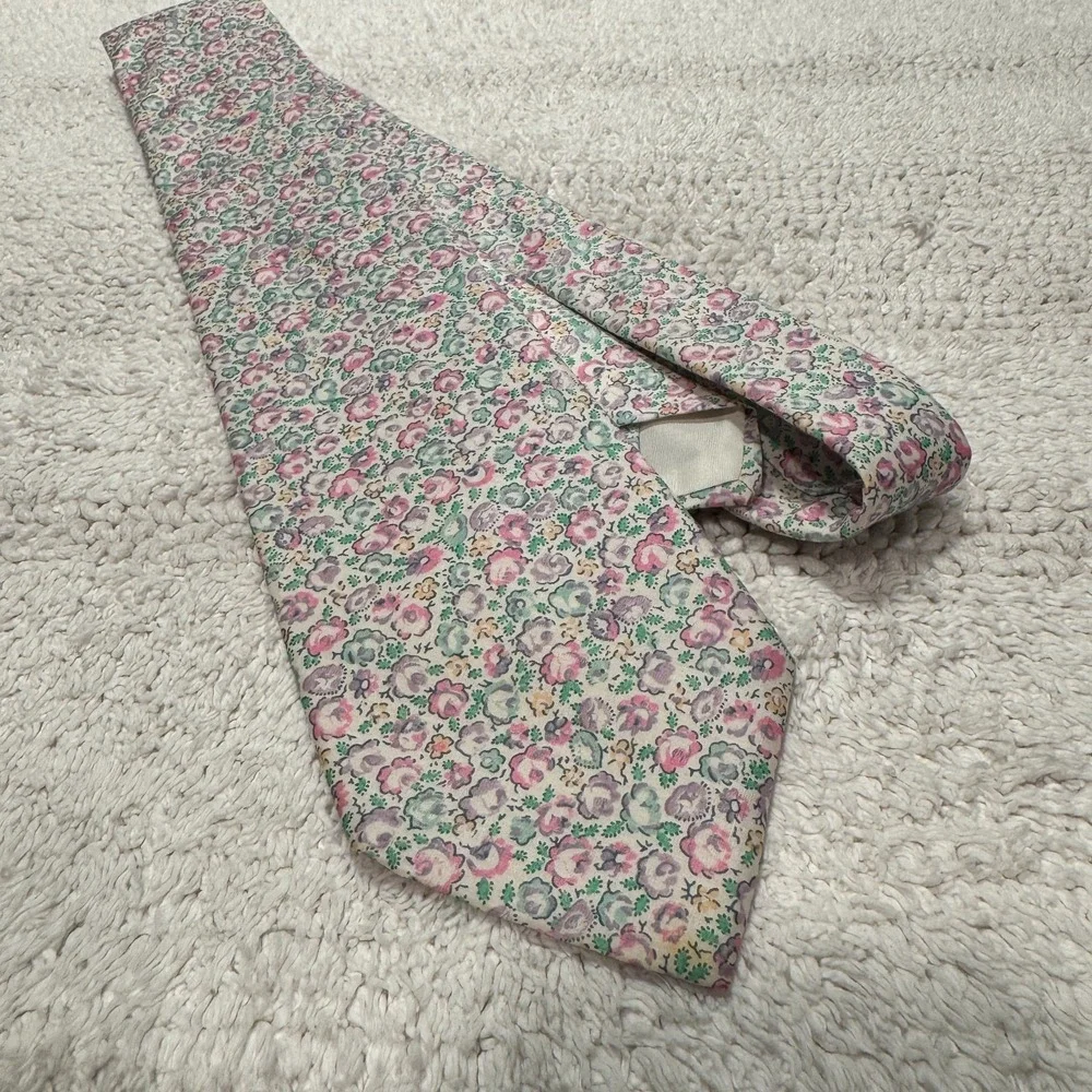 Liberty of London Tie Mens OS Pink‎ Green Floral Cotton Vintage Designer Wedding